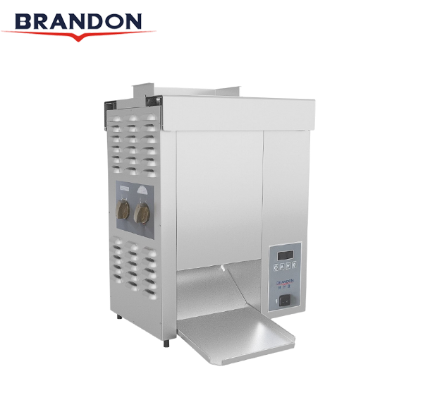 Brandon Electric Bun Toaster with Digital Controller, model GT800, capable of toasting 800 buns per hour. The vertical toaster has a compact design with dimensions of 480 x 316 x 620 mm, a power rating of 2.6 kW, and operates on 220/50/1 voltage. Features include a pass-through time of 19±1 seconds, six choices of bread thickness, high thermal cutoff, chain sprocket design for even toasting, Teflon paper (PTFE) covering for non-stick operation, and computer control for temperature accuracy. Extra thermal insulation and a cast aluminum platen enhance safety and heat distribution. The toaster is shown in a stainless steel finish with a sleek digital display.